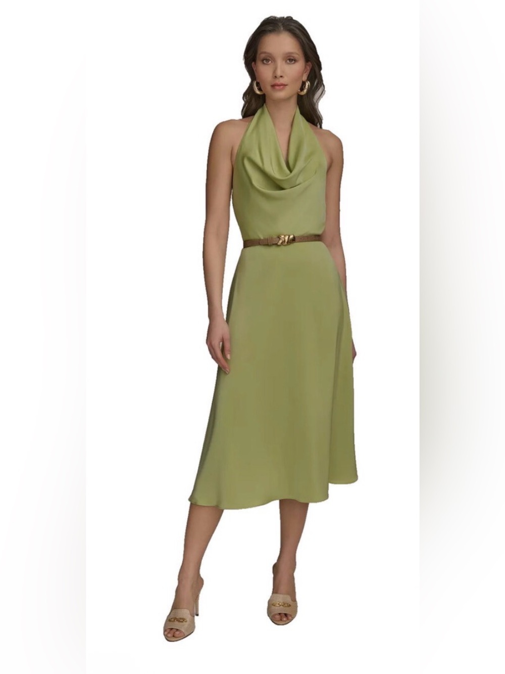 Donna Karan Midi Halter Belted A-Line Dress Green size 2Petite. NwT
